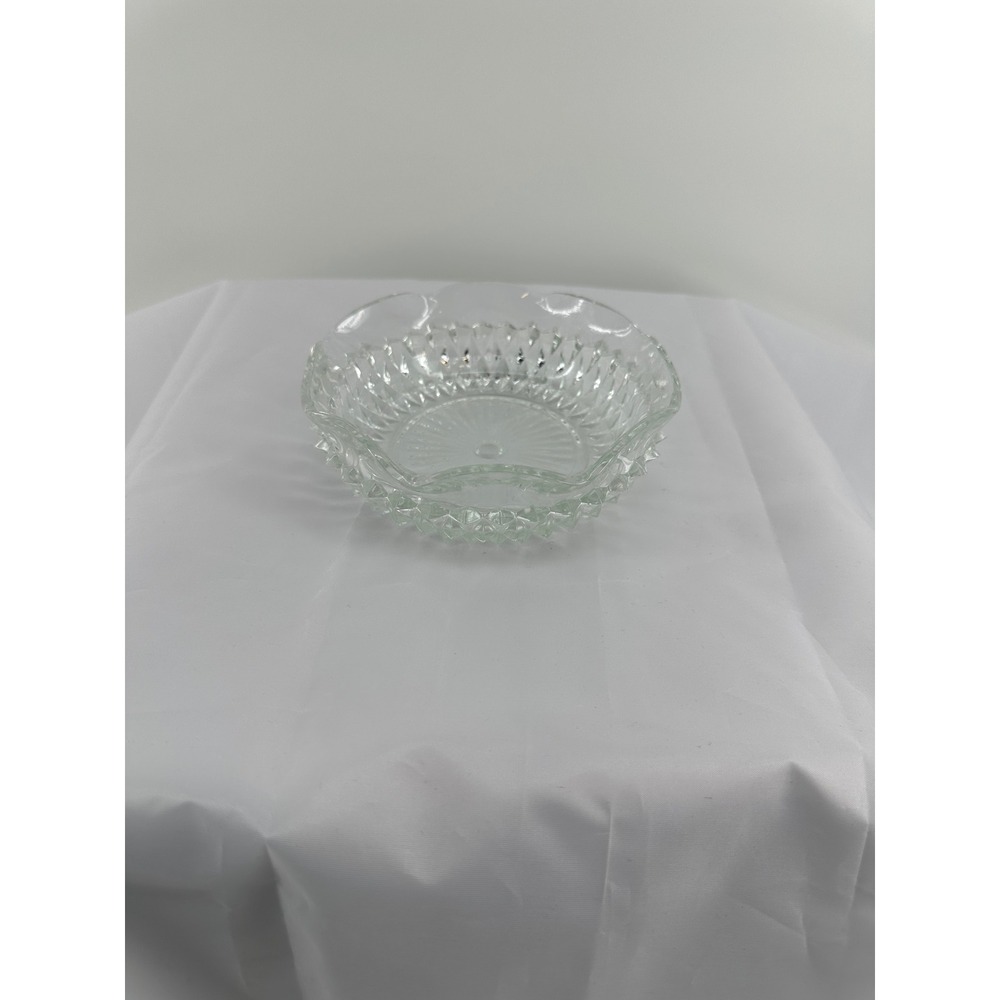 Vintage Clear Cut Glass Bowl Scalloped Ruffled Edge Diamond Point Sunburst